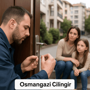 Osmangazi’de kapı açma hizmeti veren çilingirin çalışmasını apartman merdivenlerinde oturan anne ve kızın izlemesi